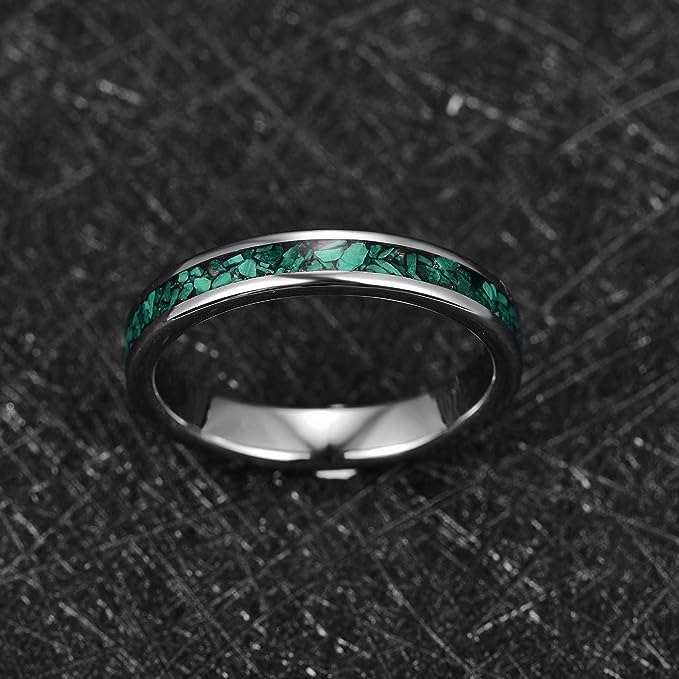 Genuine Carbide Tungsten Color: 4MM Green Silver Design Malachite Inlay High Polished inner-face design smooth and shiny. Comfort Fit Wedding Band Size 6-15