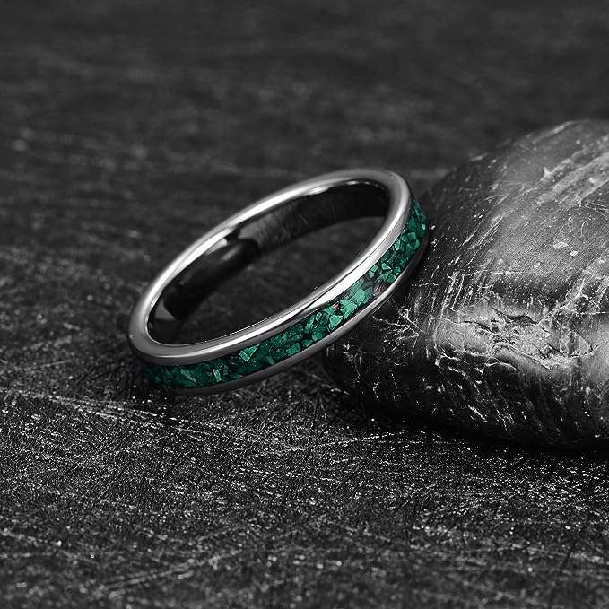 Genuine Carbide Tungsten Color: 4MM Green Silver Design Malachite Inlay High Polished inner-face design smooth and shiny. Comfort Fit Wedding Band Size 6-15