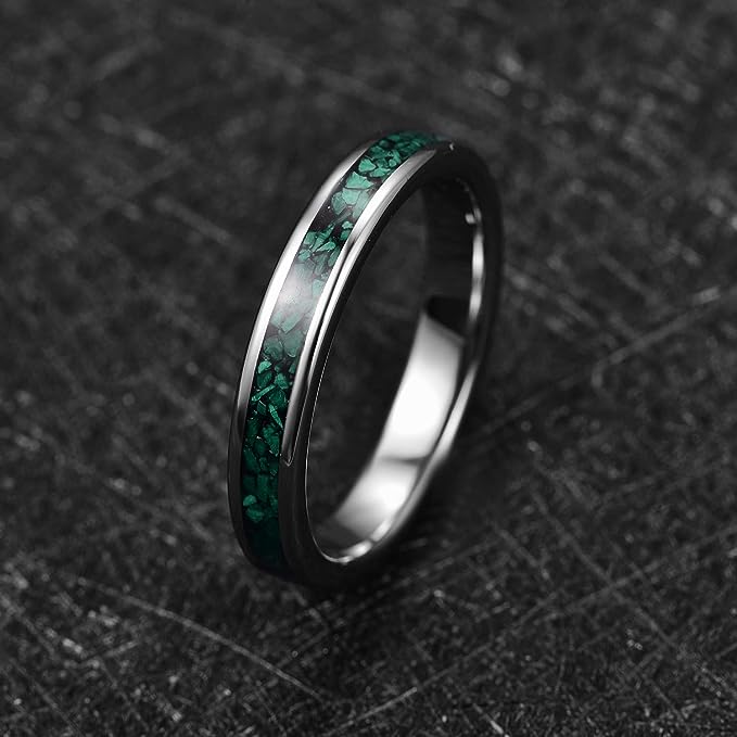 Genuine Carbide Tungsten Color: 4MM Green Silver Design Malachite Inlay High Polished inner-face design smooth and shiny. Comfort Fit Wedding Band Size 6-15