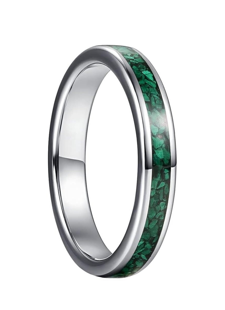 Genuine Carbide Tungsten Color: 4MM Green Silver Design Malachite Inlay High Polished inner-face design smooth and shiny. Comfort Fit Wedding Band Size 6-15