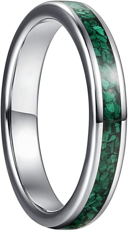 Genuine Carbide Tungsten Color: 4MM Green Silver Design Malachite Inlay High Polished inner-face design smooth and shiny. Comfort Fit Wedding Band Size 6-15