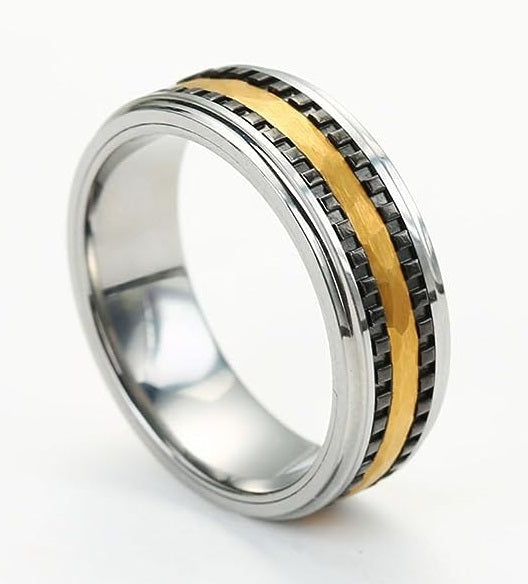 Genuine Carbide Tungsten Color: Hammered Multi Faceted 8MM Black Gold Silver Design Inlay High Polished inner-face design smooth and shiny. Comfort Fit Wedding Band Size 6-15