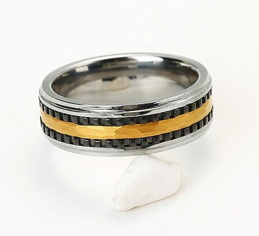 Genuine Carbide Tungsten Color: Hammered Multi Faceted 8MM Black Gold Silver Design Inlay High Polished inner-face design smooth and shiny. Comfort Fit Wedding Band Size 6-15