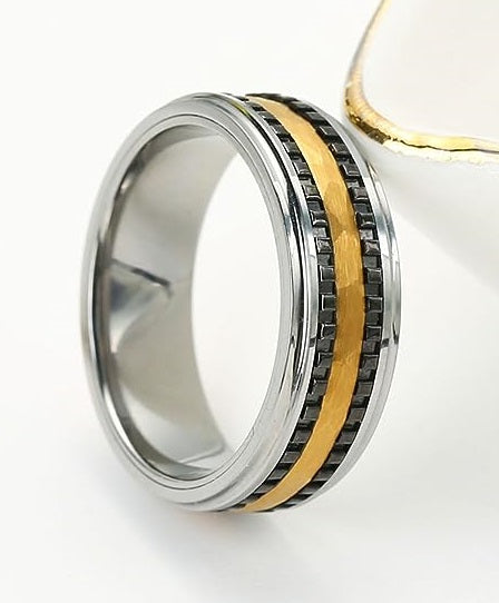 Genuine Carbide Tungsten Color: Hammered Multi Faceted 8MM Black Gold Silver Design Inlay High Polished inner-face design smooth and shiny. Comfort Fit Wedding Band Size 6-15