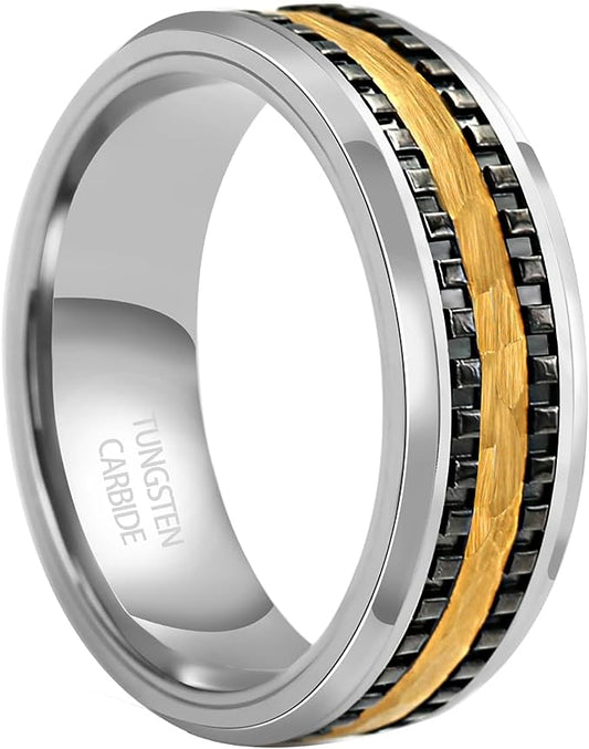 Genuine Carbide Tungsten Color: Hammered Multi Faceted 8MM Black Gold Silver Design Inlay High Polished inner-face design smooth and shiny. Comfort Fit Wedding Band Size 6-15