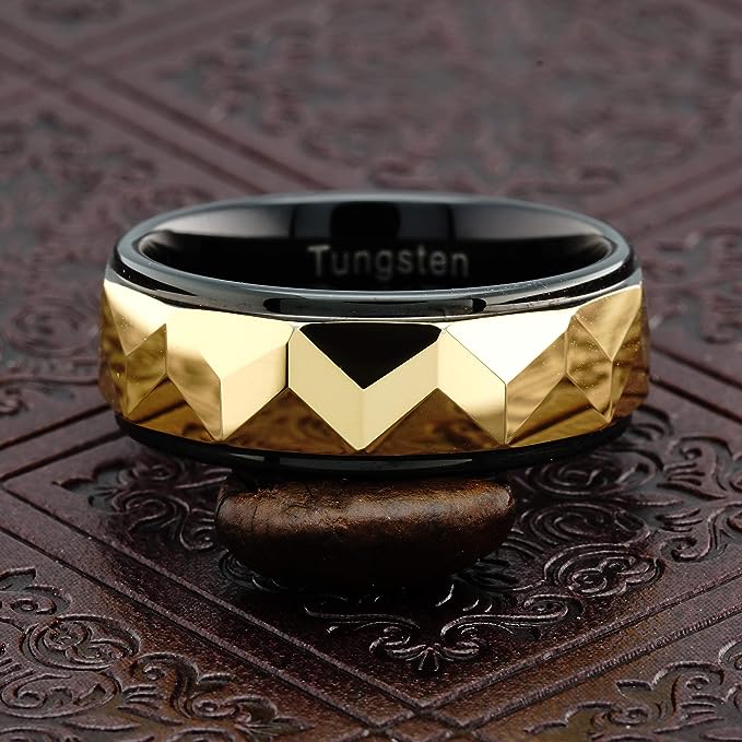 Genuine Carbide Tungsten Color: HEAVY DUTY Multi Faceted 8MM Black Gold Design Inlay High Polished inner-face design smooth and shiny. Comfort Fit Wedding Band Size 6-15