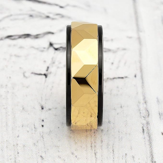Genuine Carbide Tungsten Color: HEAVY DUTY Multi Faceted 8MM Black Gold Design Inlay High Polished inner-face design smooth and shiny. Comfort Fit Wedding Band Size 6-15