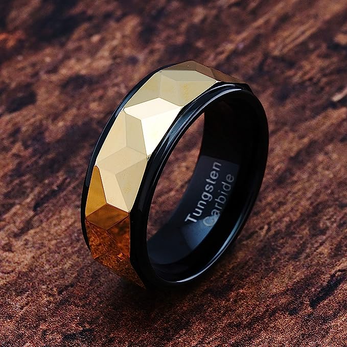 Genuine Carbide Tungsten Color: HEAVY DUTY Multi Faceted 8MM Black Gold Design Inlay High Polished inner-face design smooth and shiny. Comfort Fit Wedding Band Size 6-15
