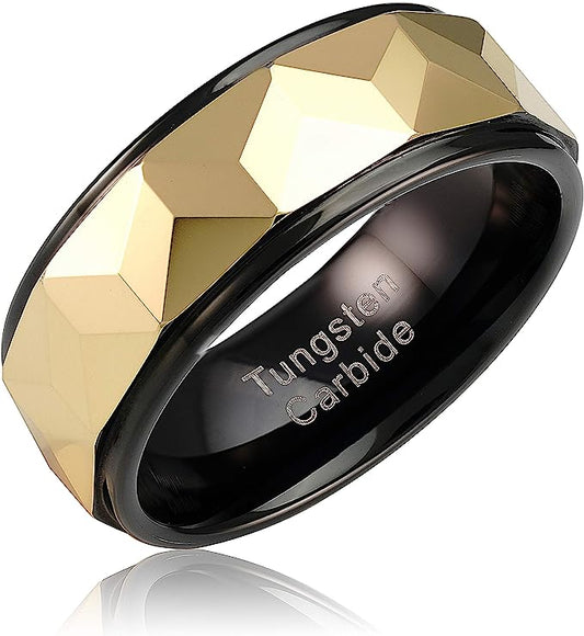 Genuine Carbide Tungsten Color: HEAVY DUTY Multi Faceted 8MM Black Gold Design Inlay High Polished inner-face design smooth and shiny. Comfort Fit Wedding Band Size 6-15