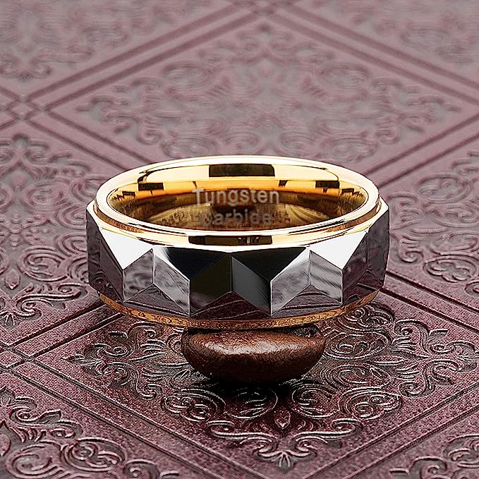Genuine Carbide Tungsten Color: HEAVY DUTY Multi Faceted 8MM Gold Silver Design Inlay High Polished inner-face design smooth and shiny. Comfort Fit Wedding Band Size 6-15