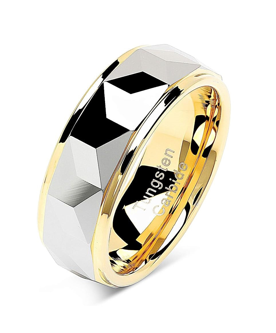 Genuine Carbide Tungsten Color: HEAVY DUTY Multi Faceted 8MM Gold Silver Design Inlay High Polished inner-face design smooth and shiny. Comfort Fit Wedding Band Size 6-15