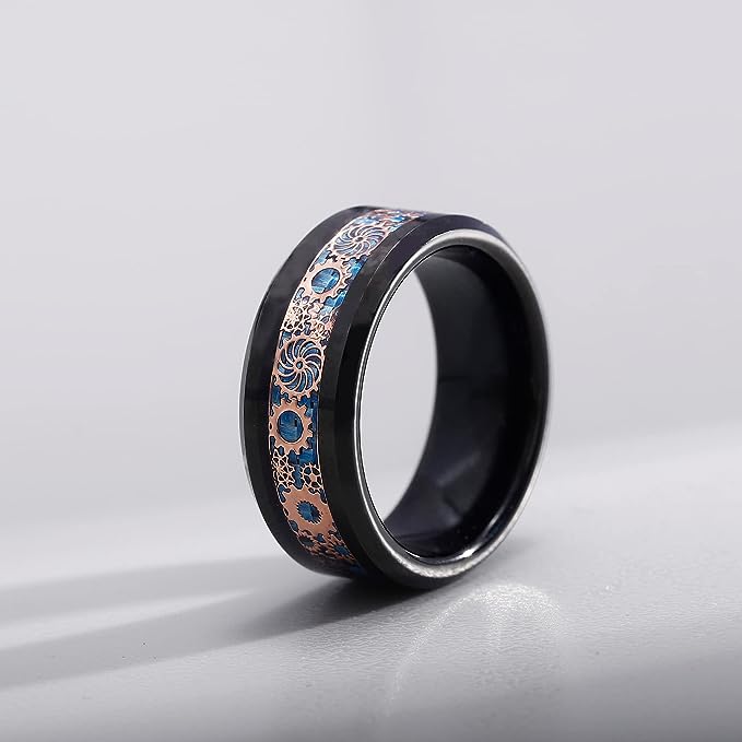 Genuine Carbide Tungsten Color: 8MM BLACK Design Blue Gear Inlay High Polished inner-face design smooth and shiny. Comfort Fit Wedding Band Size 6-15