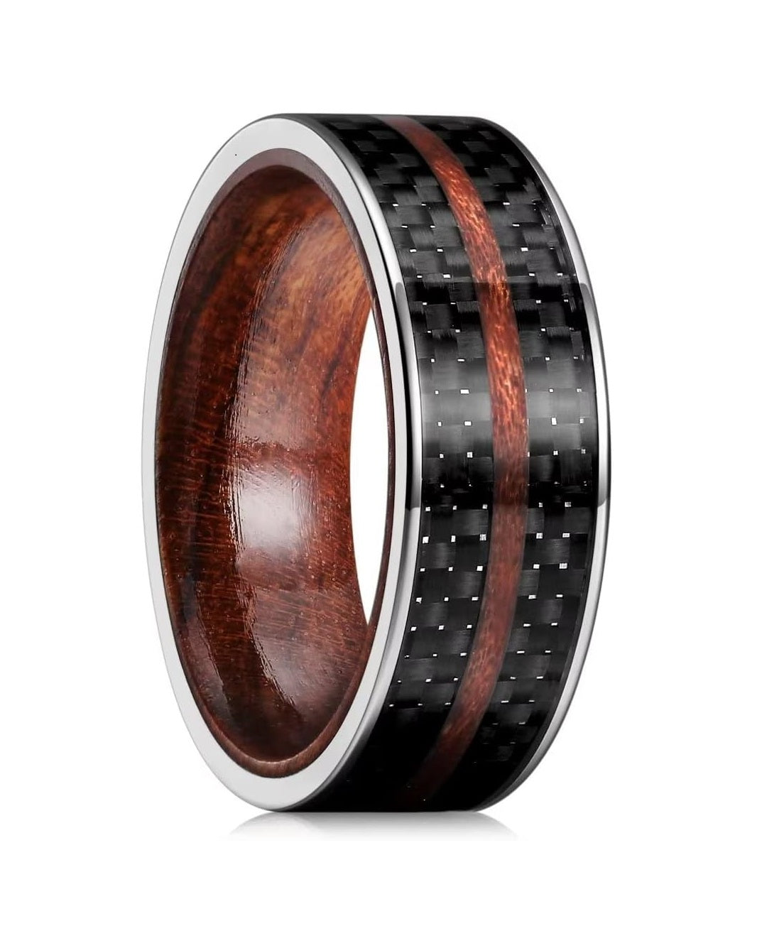 Genuine Carbide Tungsten Color: 8mm Wood Silver Black Carbon Fiber inlay High Polished inner-face design smooth and shiny. Comfort Fit Wedding Band Size 6-15