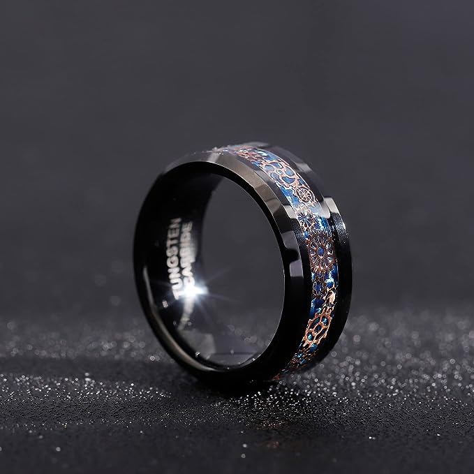 Genuine Carbide Tungsten Color: 8MM BLACK Design Blue Gear Inlay High Polished inner-face design smooth and shiny. Comfort Fit Wedding Band Size 6-15