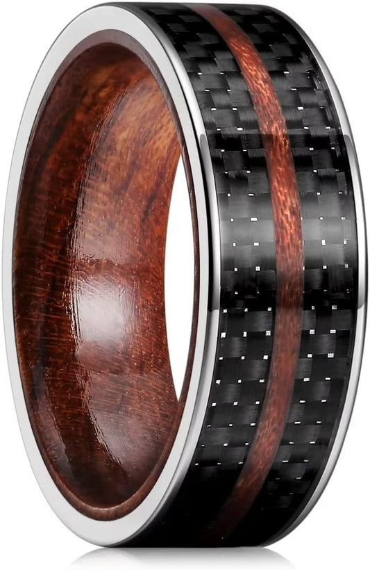 Genuine Carbide Tungsten Color: 8mm Wood Silver Black Carbon Fiber inlay High Polished inner-face design smooth and shiny. Comfort Fit Wedding Band Size 6-15