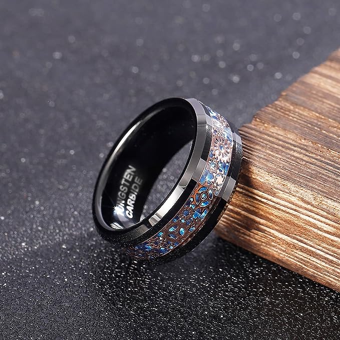 Genuine Carbide Tungsten Color: 8MM BLACK Design Blue Gear Inlay High Polished inner-face design smooth and shiny. Comfort Fit Wedding Band Size 6-15