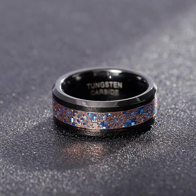 Genuine Carbide Tungsten Color: 8MM BLACK Design Blue Gear Inlay High Polished inner-face design smooth and shiny. Comfort Fit Wedding Band Size 6-15