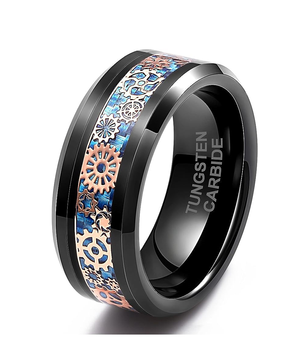 Genuine Carbide Tungsten Color: 8MM BLACK Design Blue Gear Inlay High Polished inner-face design smooth and shiny. Comfort Fit Wedding Band Size 6-15