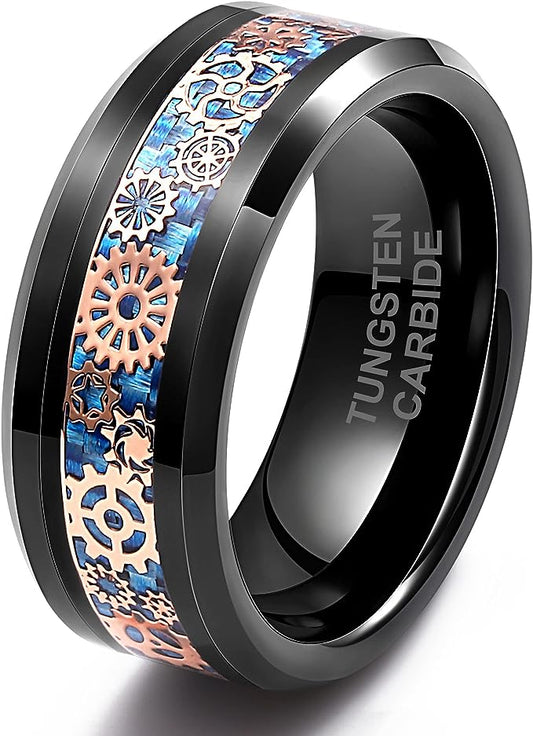 Genuine Carbide Tungsten Color: 8MM BLACK Design Blue Gear Inlay High Polished inner-face design smooth and shiny. Comfort Fit Wedding Band Size 6-15