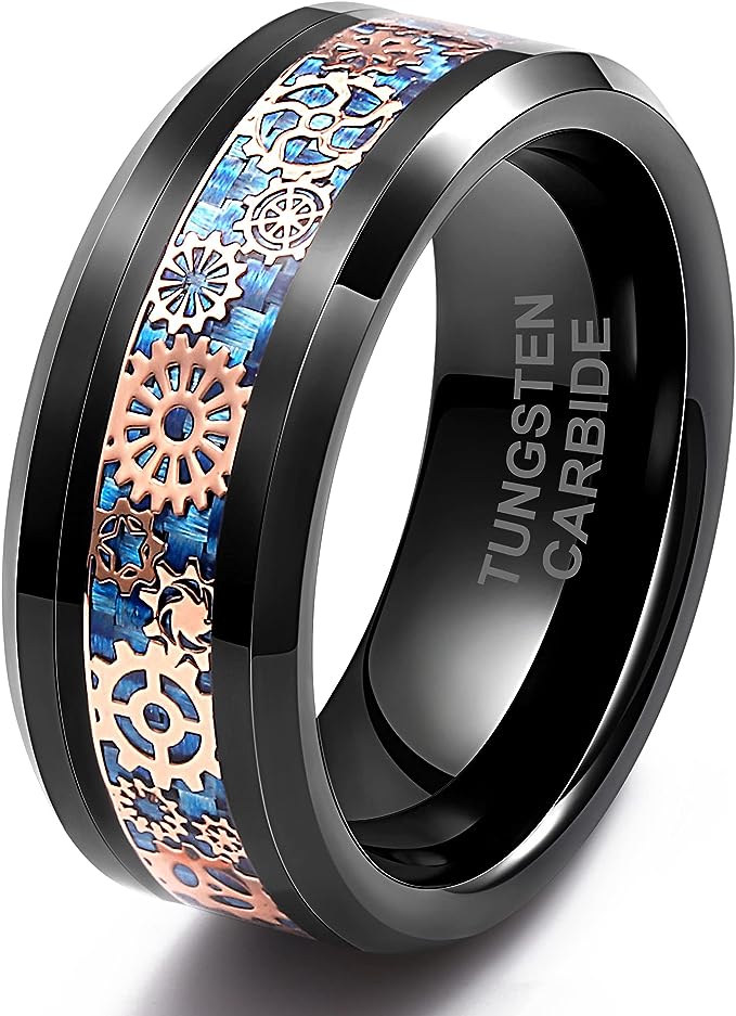 Genuine Carbide Tungsten Color: 8MM BLACK Design Blue Gear Inlay High Polished inner-face design smooth and shiny. Comfort Fit Wedding Band Size 6-15