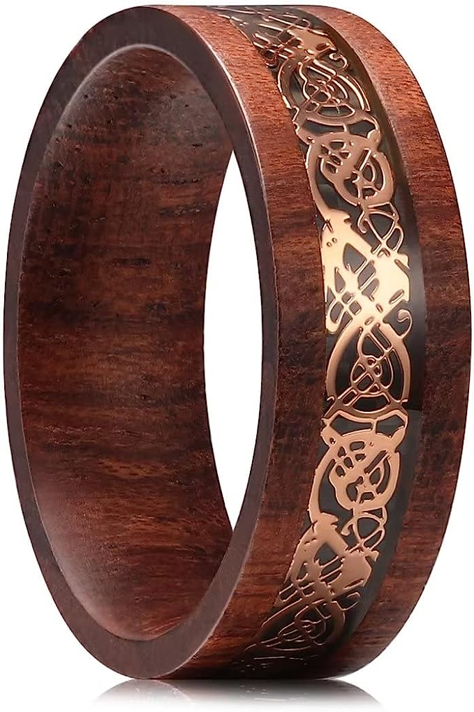 Genuine Carbide Tungsten Color: 8mm Sandalwood Dragon inlay High Polished inner-face design smooth and shiny. Comfort Fit Wedding Band Size 6-15