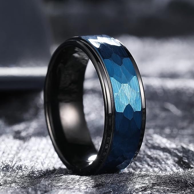 Genuine Carbide Tungsten Color: 8MM BLACK Design Blue HAMMERED Inlay High Polished inner-face design smooth and shiny. Comfort Fit Wedding Band Size 6-15