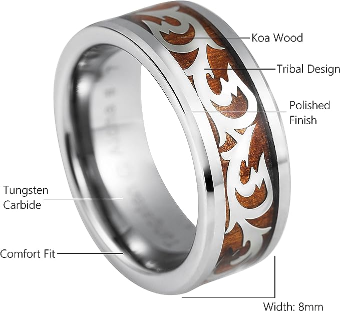 Genuine Carbide Tungsten Color: 6mm Silver Tree Koa Wood inlay High Polished inner-face design smooth and shiny. Comfort Fit Wedding Band Size 6-15