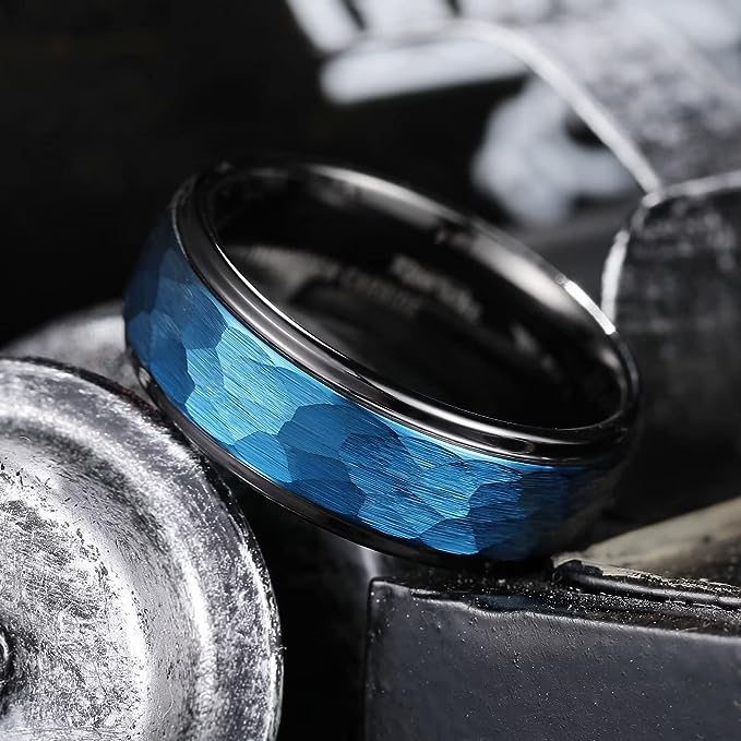 Genuine Carbide Tungsten Color: 8MM BLACK Design Blue HAMMERED Inlay High Polished inner-face design smooth and shiny. Comfort Fit Wedding Band Size 6-15