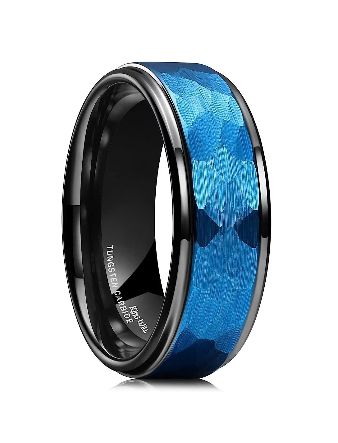 Genuine Carbide Tungsten Color: 8MM BLACK Design Blue HAMMERED Inlay High Polished inner-face design smooth and shiny. Comfort Fit Wedding Band Size 6-15