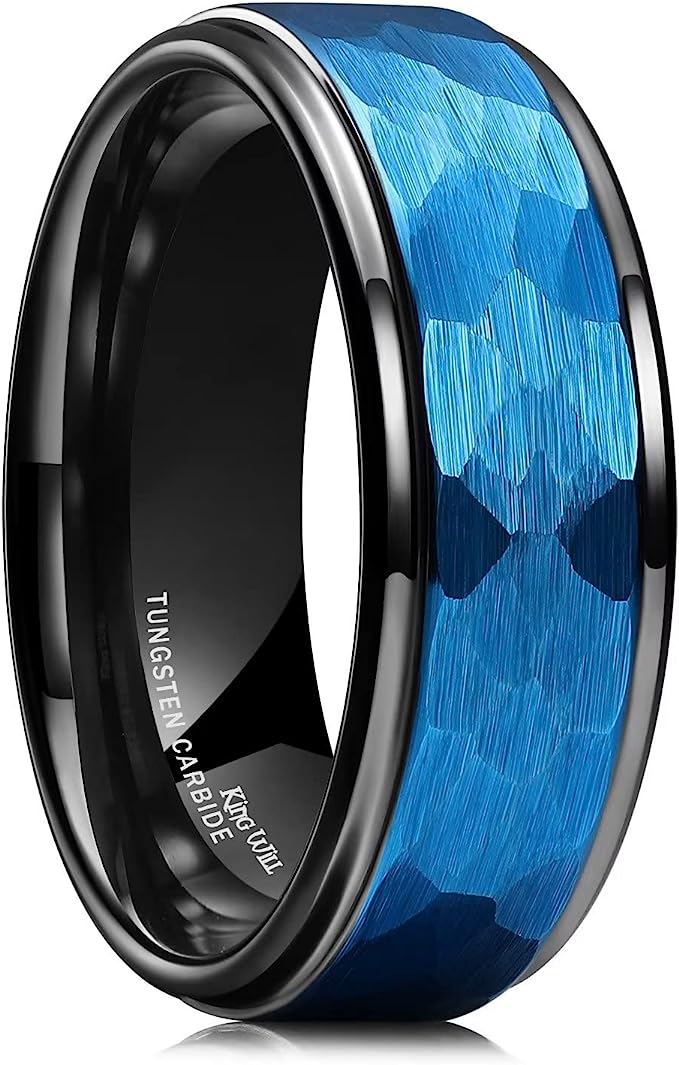 Genuine Carbide Tungsten Color: 8MM BLACK Design Blue HAMMERED Inlay High Polished inner-face design smooth and shiny. Comfort Fit Wedding Band Size 6-15