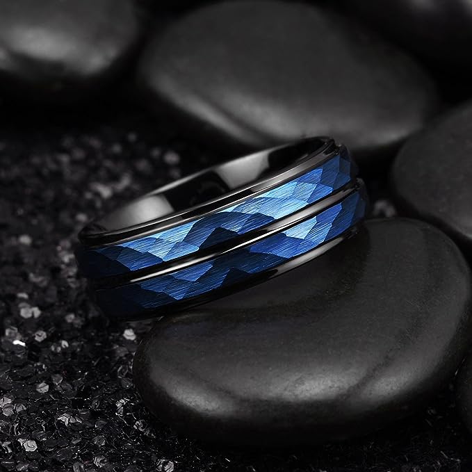 Genuine Carbide Tungsten Color: 8MM BLUE BLACK Design HAMMERED Inlay High Polished inner-face design smooth and shiny. Comfort Fit Wedding Band Size 6-15