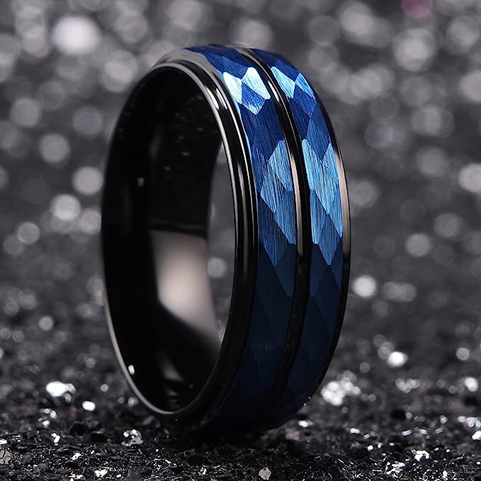 Genuine Carbide Tungsten Color: 8MM BLUE BLACK Design HAMMERED Inlay High Polished inner-face design smooth and shiny. Comfort Fit Wedding Band Size 6-15