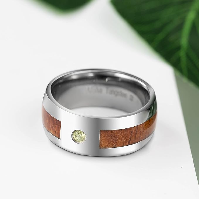 Genuine Carbide Tungsten Color: 8mm Silver Green Peridot Gem Koa Wood inlay High Polished inner-face design smooth and shiny. Comfort Fit Wedding Band Size 6-15