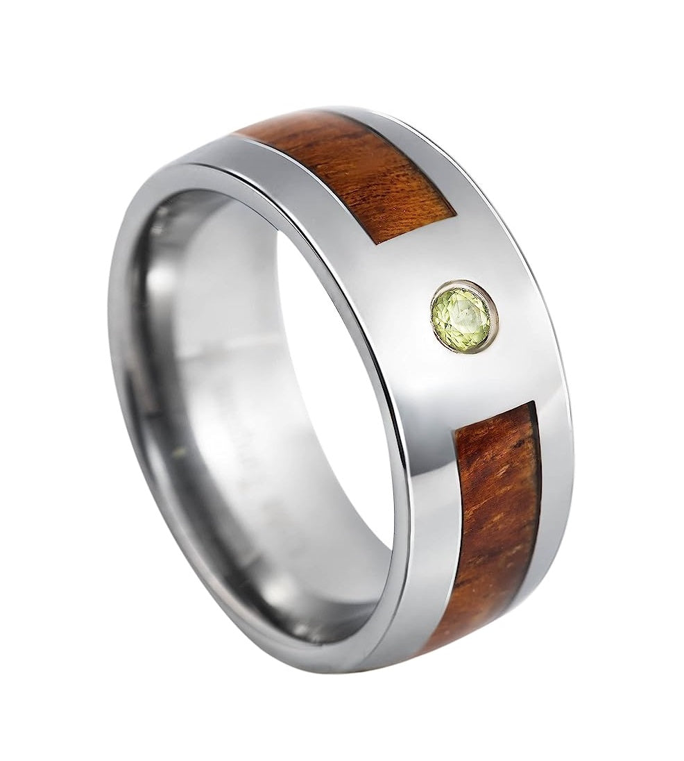 Genuine Carbide Tungsten Color: 8mm Silver Green Peridot Gem Koa Wood inlay High Polished inner-face design smooth and shiny. Comfort Fit Wedding Band Size 6-15