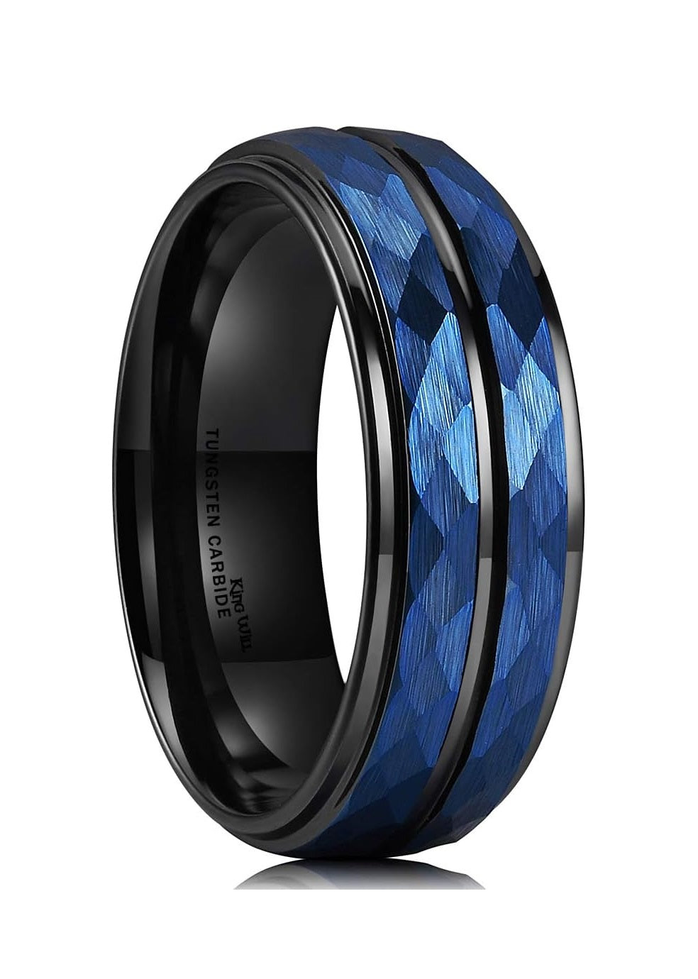 Genuine Carbide Tungsten Color: 8MM BLUE BLACK Design HAMMERED Inlay High Polished inner-face design smooth and shiny. Comfort Fit Wedding Band Size 6-15