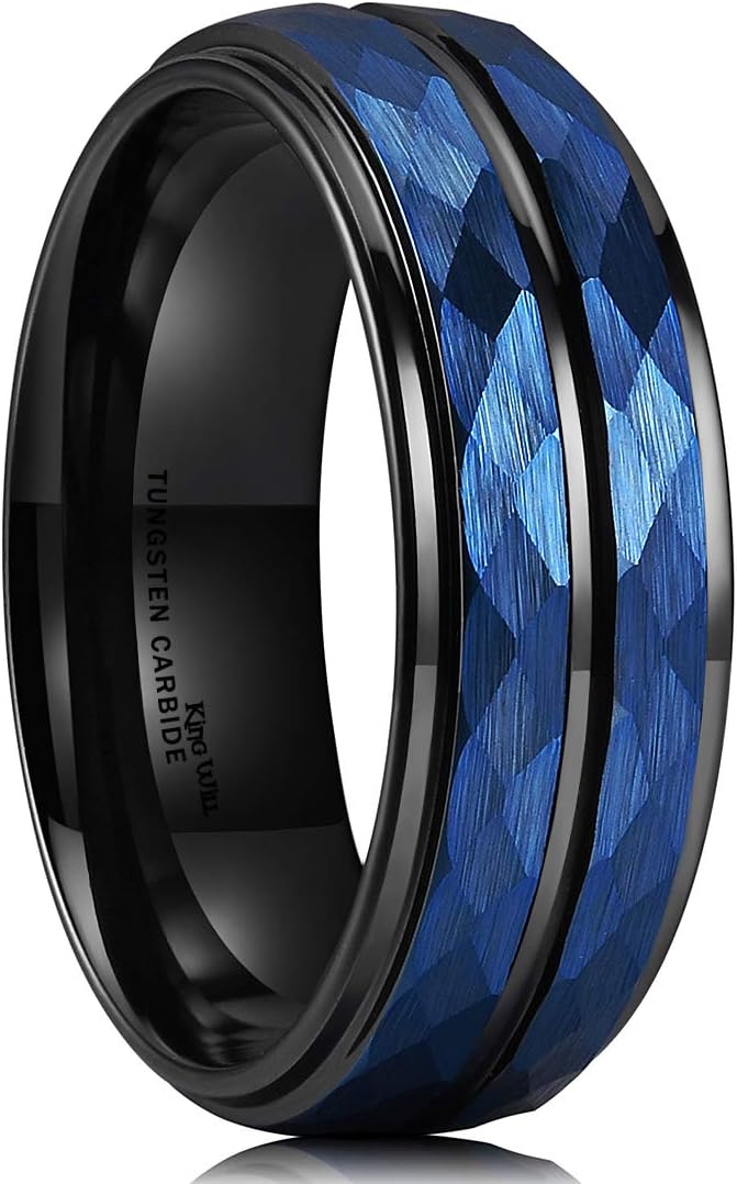 Genuine Carbide Tungsten Color: 8MM BLUE BLACK Design HAMMERED Inlay High Polished inner-face design smooth and shiny. Comfort Fit Wedding Band Size 6-15