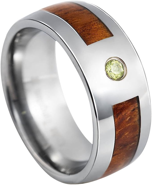 Genuine Carbide Tungsten Color: 8mm Silver Green Peridot Gem Koa Wood inlay High Polished inner-face design smooth and shiny. Comfort Fit Wedding Band Size 6-15