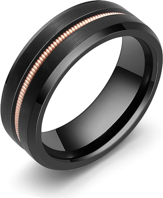 Genuine Carbide Tungsten Color: 8mm Black Golden guitar string inlay High Polished inner-face design smooth and shiny. Comfort Fit Wedding Band Size 6-15