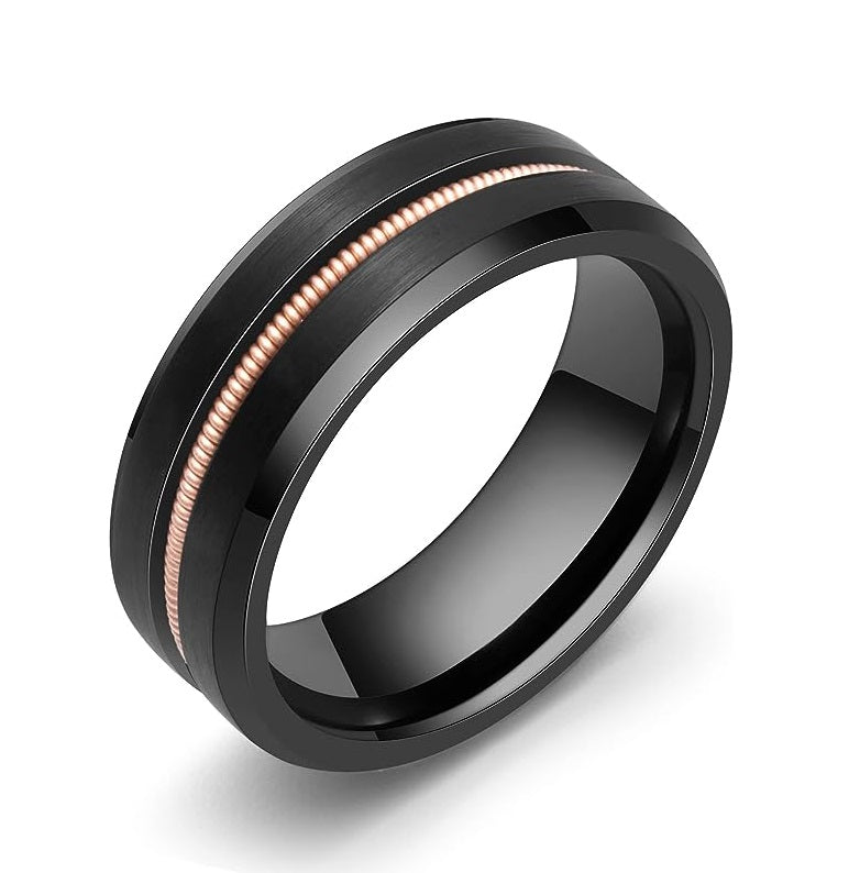 Genuine Carbide Tungsten Color: 8mm Black Golden guitar string inlay High Polished inner-face design smooth and shiny. Comfort Fit Wedding Band Size 6-15