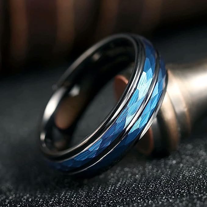 Genuine Carbide Tungsten Color: 6MM BLUE BLACK Design HAMMERED Inlay High Polished inner-face design smooth and shiny. Comfort Fit Wedding Band Size 6-15