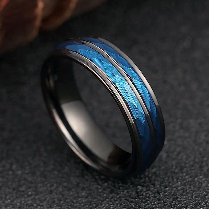 Genuine Carbide Tungsten Color: 6MM BLUE BLACK Design HAMMERED Inlay High Polished inner-face design smooth and shiny. Comfort Fit Wedding Band Size 6-15