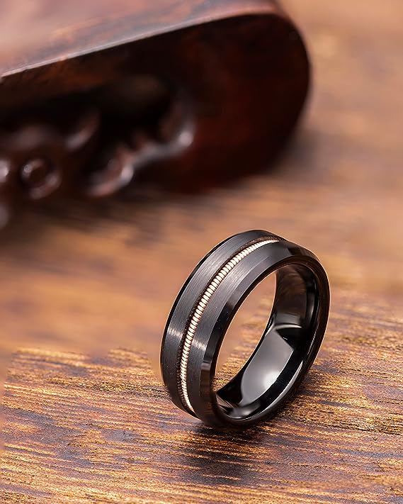 Genuine Carbide Tungsten Color: 8mm Black Golden guitar string inlay High Polished inner-face design smooth and shiny. Comfort Fit Wedding Band Size 6-15