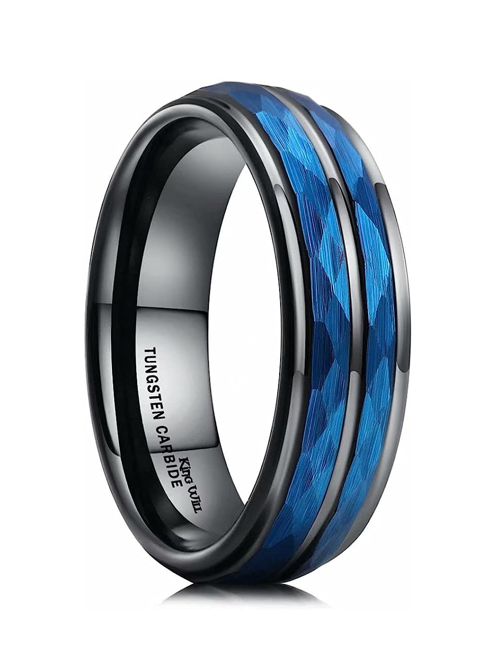 Genuine Carbide Tungsten Color: 6MM BLUE BLACK Design HAMMERED Inlay High Polished inner-face design smooth and shiny. Comfort Fit Wedding Band Size 6-15