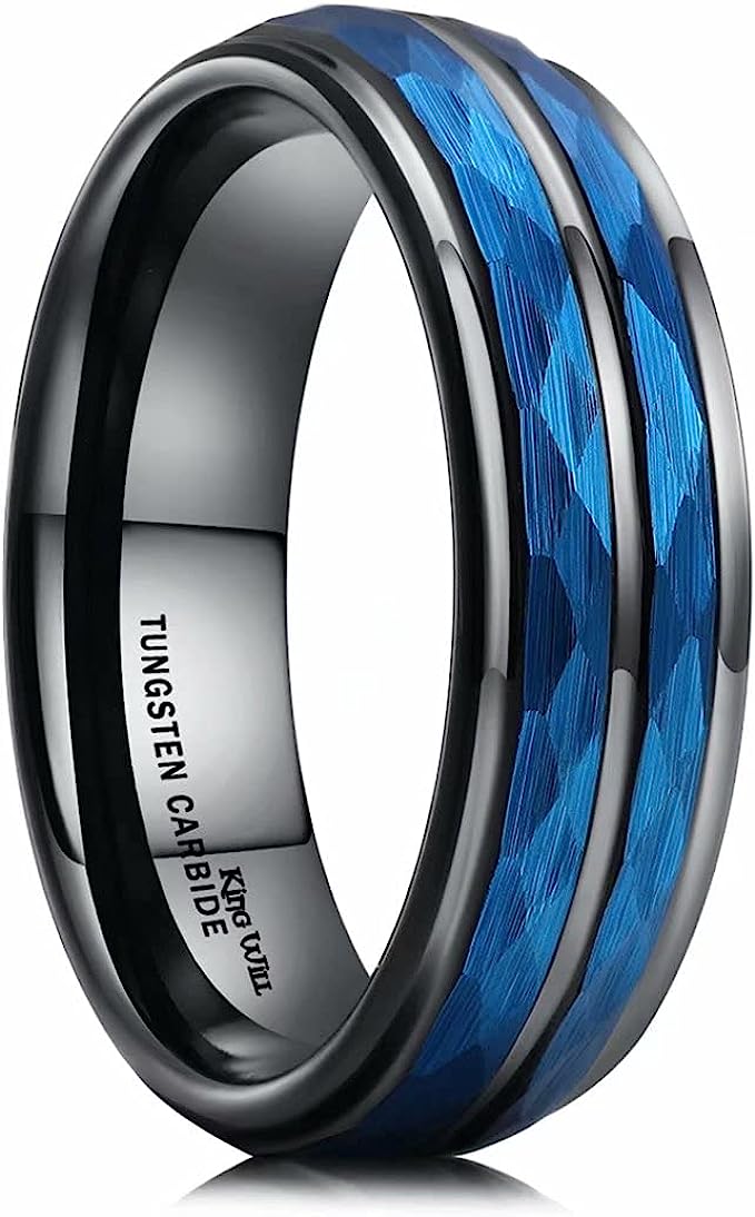 Genuine Carbide Tungsten Color: 6MM BLUE BLACK Design HAMMERED Inlay High Polished inner-face design smooth and shiny. Comfort Fit Wedding Band Size 6-15