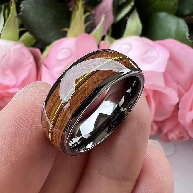 Genuine Carbide Tungsten Color: 8mm Gunmetal Whisky Wood Golden guitar string inlay High Polished inner-face design smooth and shiny. Comfort Fit Wedding Band Size 6-15