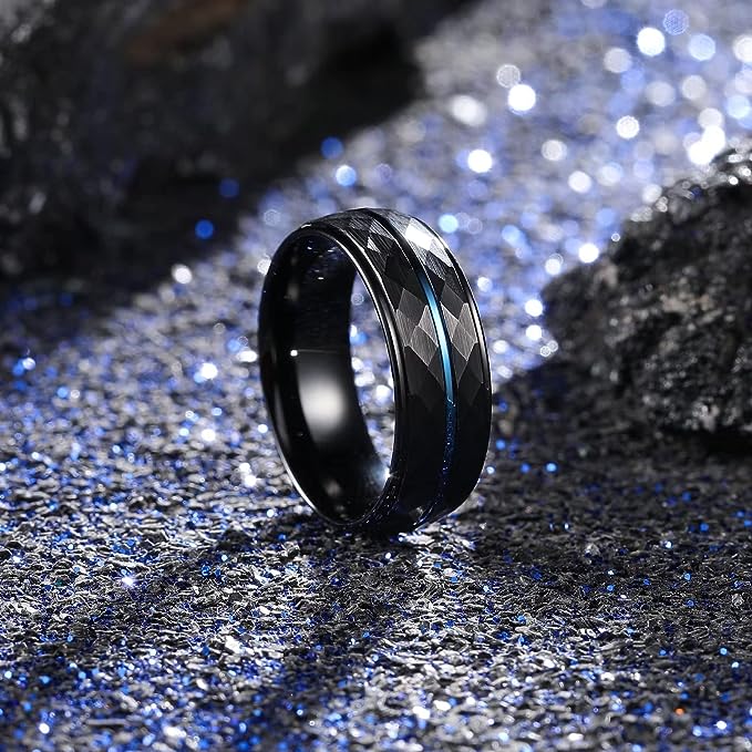 Genuine Carbide Tungsten Color: 8MM BLUE BLACK Design HAMMERED Inlay High Polished inner-face design smooth and shiny. Comfort Fit Wedding Band Size 6-15