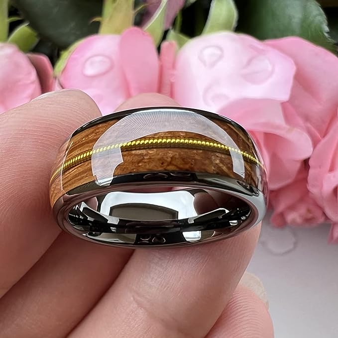 Genuine Carbide Tungsten Color: 8mm Gunmetal Whisky Wood Golden guitar string inlay High Polished inner-face design smooth and shiny. Comfort Fit Wedding Band Size 6-15