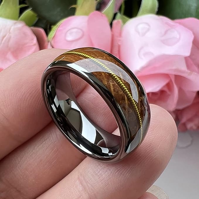 Genuine Carbide Tungsten Color: 8mm Gunmetal Whisky Wood Golden guitar string inlay High Polished inner-face design smooth and shiny. Comfort Fit Wedding Band Size 6-15