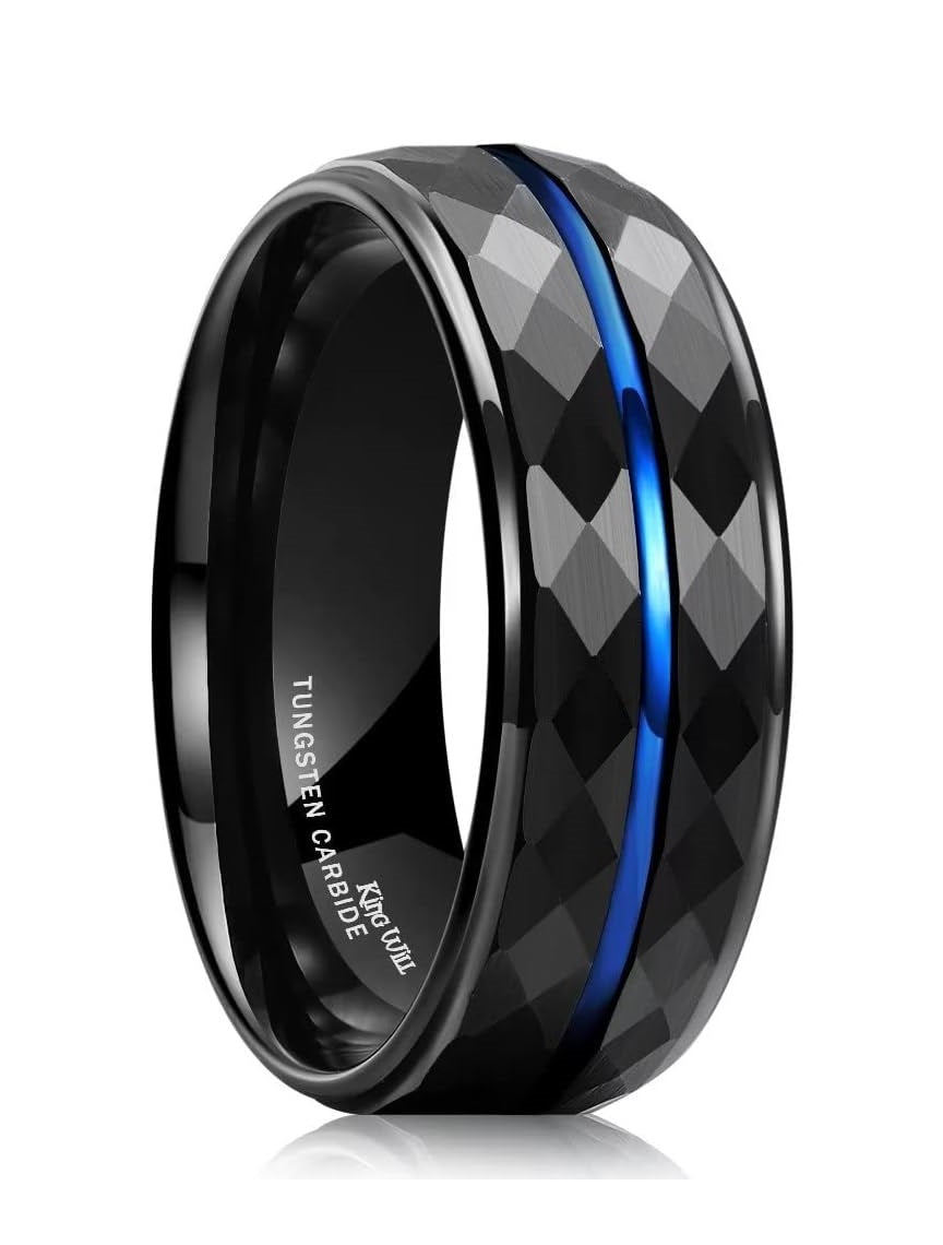 Genuine Carbide Tungsten Color: 8MM BLUE BLACK Design HAMMERED Inlay High Polished inner-face design smooth and shiny. Comfort Fit Wedding Band Size 6-15