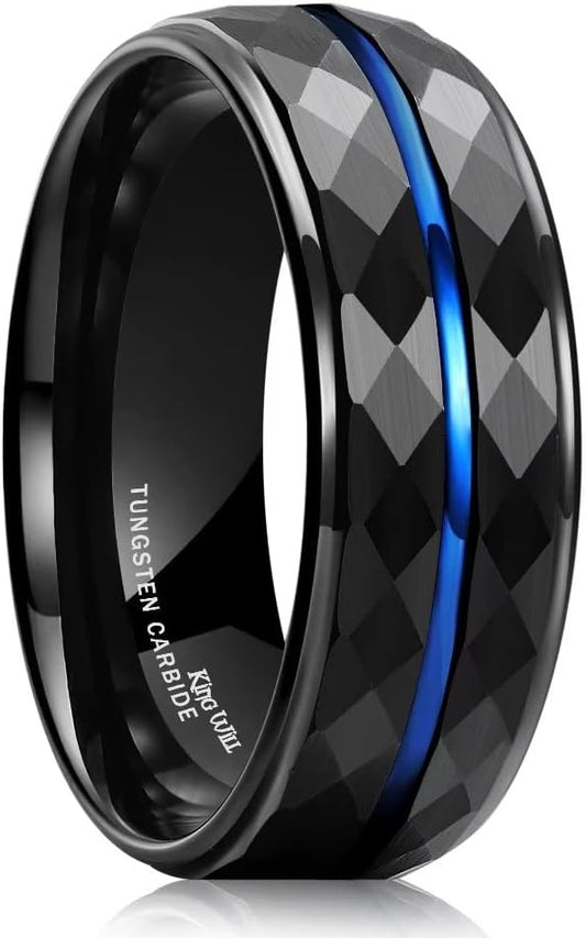 Genuine Carbide Tungsten Color: 8MM BLUE BLACK Design HAMMERED Inlay High Polished inner-face design smooth and shiny. Comfort Fit Wedding Band Size 6-15